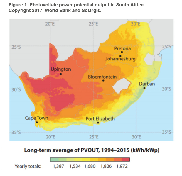 Figure 1: Photovoltaic power potential output in South Africa. Copyright 2017, World Bank and Solargis.